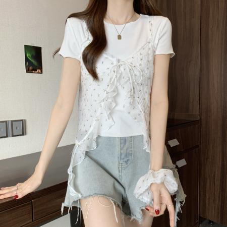 BY16818# 大码女装夏季新款韩系碎花假两件T恤不规则两件套