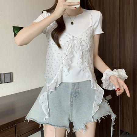 BY16818# 大码女装夏季新款韩系碎花假两件T恤不规则两件套