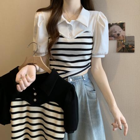 大码女装夏季新款韩版遮肚显瘦假两件条纹上衣