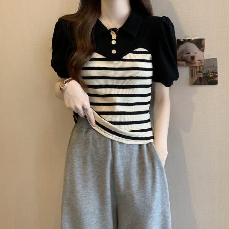 大码女装夏季新款韩版遮肚显瘦假两件条纹上衣