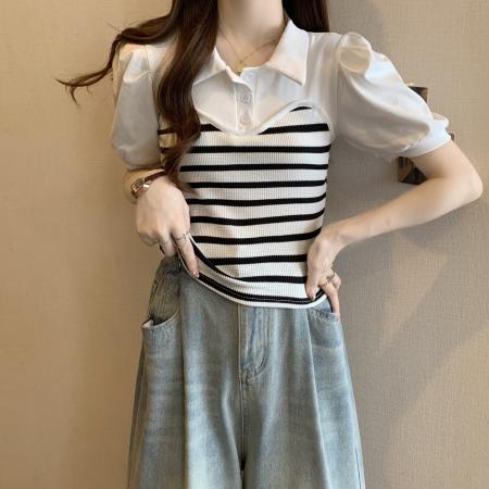 大码女装夏季新款韩版遮肚显瘦假两件条纹上衣