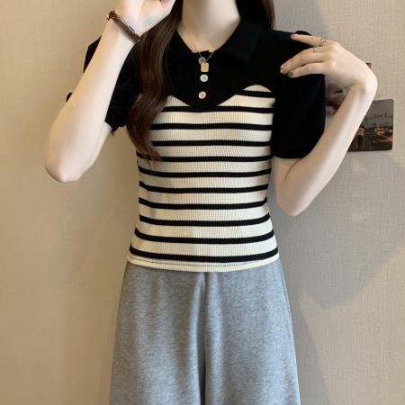 大码女装夏季新款韩版遮肚显瘦假两件条纹上衣