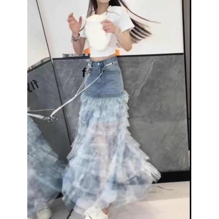 BY16824# 时尚牛仔夏季洋气扎染蛋糕a裙百搭显瘦拼接蓝色裙新款半身裙字女