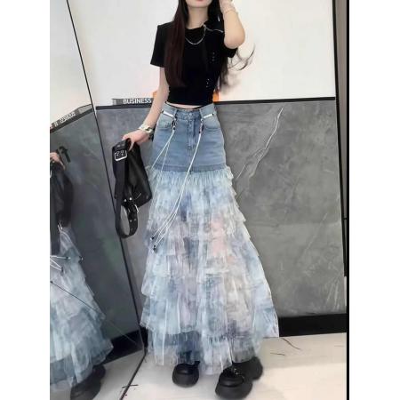 BY16824# 时尚牛仔夏季洋气扎染蛋糕a裙百搭显瘦拼接蓝色裙新款半身裙字女