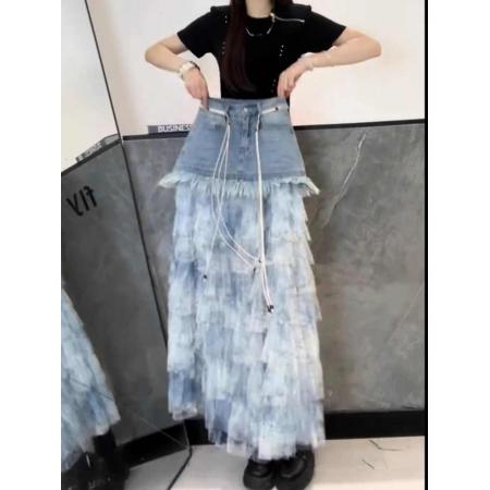 BY16824# 时尚牛仔夏季洋气扎染蛋糕a裙百搭显瘦拼接蓝色裙新款半身裙字女