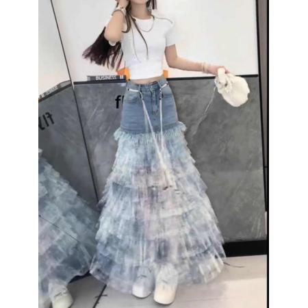 BY16824# 时尚牛仔夏季洋气扎染蛋糕a裙百搭显瘦拼接蓝色裙新款半身裙字女