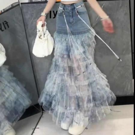 BY16824# 时尚牛仔夏季洋气扎染蛋糕a裙百搭显瘦拼接蓝色裙新款半身裙字女