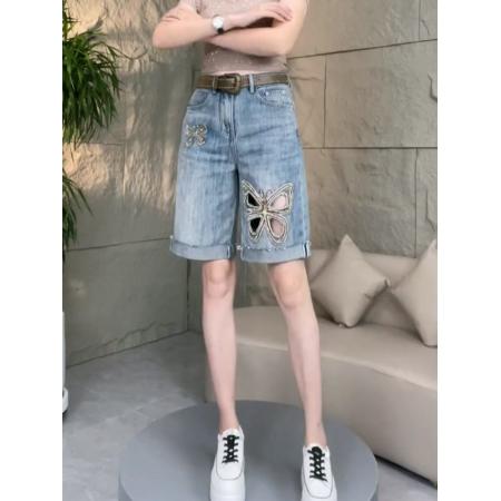BY16825# 欧洲站夏季高腰牛仔短裤女宽松显瘦直筒刺绣烫钻个性阔腿五分裤潮