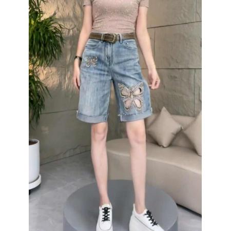 BY16825# 欧洲站夏季高腰牛仔短裤女宽松显瘦直筒刺绣烫钻个性阔腿五分裤潮