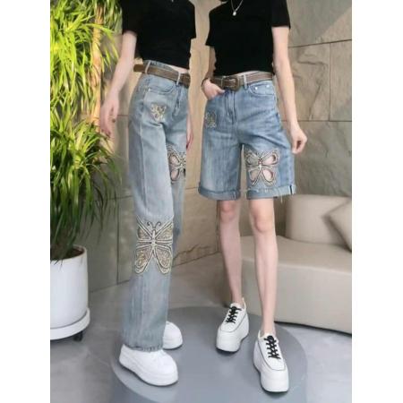BY16825# 欧洲站夏季高腰牛仔短裤女宽松显瘦直筒刺绣烫钻个性阔腿五分裤潮