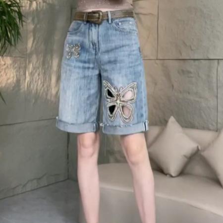 BY16825# 欧洲站夏季高腰牛仔短裤女宽松显瘦直筒刺绣烫钻个性阔腿五分裤潮
