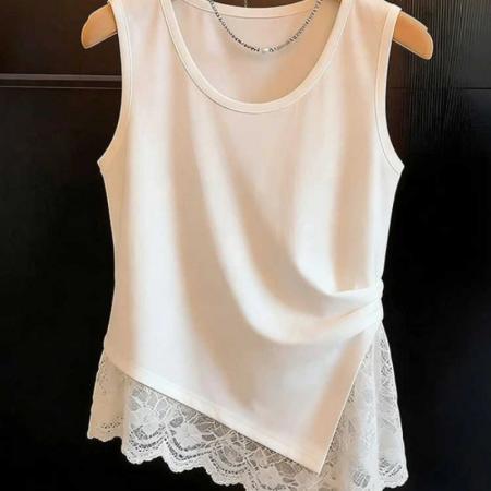 BY16826# 不规则下摆蕾丝拼接无袖背心女夏季款设计感圆领减龄上衣