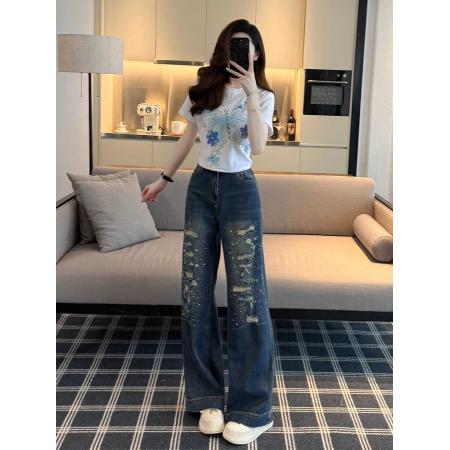 BY16827# 复古蓝破洞烫钻牛仔裤女夏季新款宽松高腰显瘦垂感直筒喇叭裤