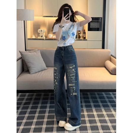 BY16827# 复古蓝破洞烫钻牛仔裤女夏季新款宽松高腰显瘦垂感直筒喇叭裤