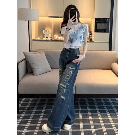 BY16827# 复古蓝破洞烫钻牛仔裤女夏季新款宽松高腰显瘦垂感直筒喇叭裤