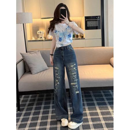 BY16827# 复古蓝破洞烫钻牛仔裤女夏季新款宽松高腰显瘦垂感直筒喇叭裤