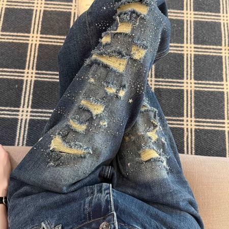 BY16827# 复古蓝破洞烫钻牛仔裤女夏季新款宽松高腰显瘦垂感直筒喇叭裤