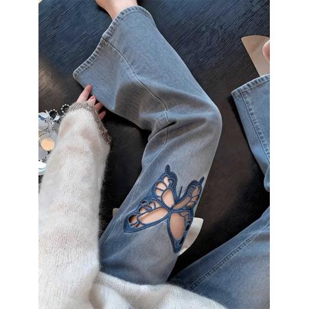 BY16828# 蓝色蝴蝶刺绣牛仔裤女新款夏季镂空设计感修身显瘦微喇裤