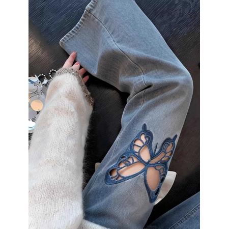 BY16828# 蓝色蝴蝶刺绣牛仔裤女新款夏季镂空设计感修身显瘦微喇裤