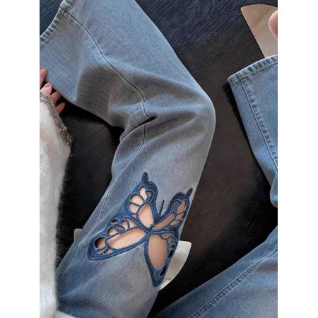 BY16828# 蓝色蝴蝶刺绣牛仔裤女新款夏季镂空设计感修身显瘦微喇裤