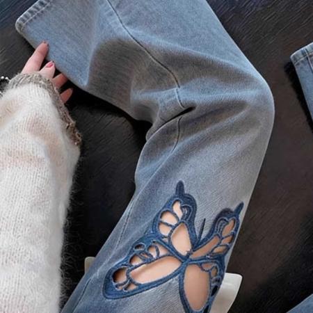 BY16828# 蓝色蝴蝶刺绣牛仔裤女新款夏季镂空设计感修身显瘦微喇裤
