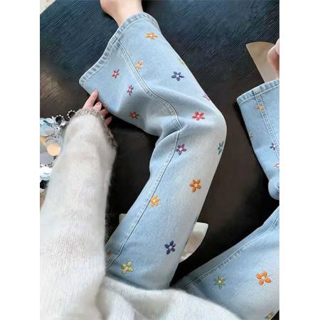 BY16829# 超好看刺绣小花微喇牛仔裤女夏季新款蓝色高腰显瘦休闲九分裤