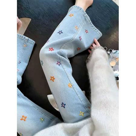 BY16829# 超好看刺绣小花微喇牛仔裤女夏季新款蓝色高腰显瘦休闲九分裤