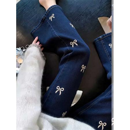 BY16830# 蝴蝶结刺绣微喇牛仔裤女夏季新款修身显瘦休闲百搭慵懒九分裤