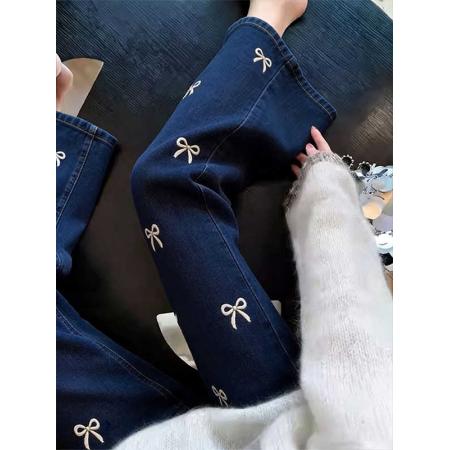 BY16830# 蝴蝶结刺绣微喇牛仔裤女夏季新款修身显瘦休闲百搭慵懒九分裤
