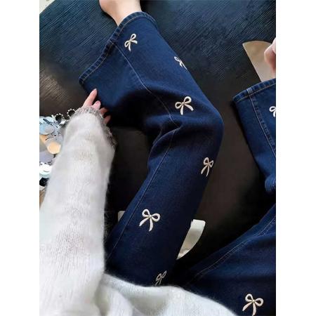 BY16830# 蝴蝶结刺绣微喇牛仔裤女夏季新款修身显瘦休闲百搭慵懒九分裤