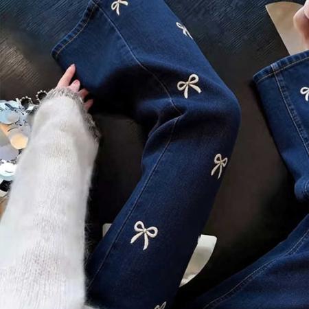 BY16830# 蝴蝶结刺绣微喇牛仔裤女夏季新款修身显瘦休闲百搭慵懒九分裤