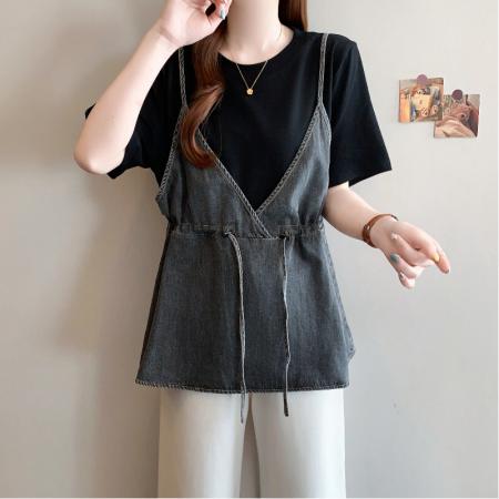 夏季新款大码女韩版时尚宽松显瘦撞色牛仔拼接假两件T恤