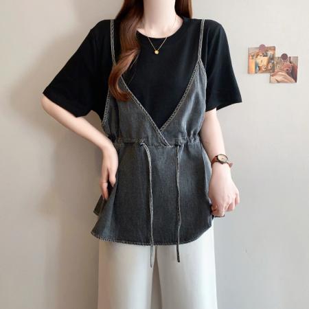 夏季新款大码女韩版时尚宽松显瘦撞色牛仔拼接假两件T恤