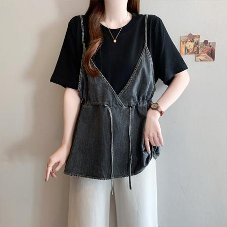 夏季新款大码女韩版时尚宽松显瘦撞色牛仔拼接假两件T恤