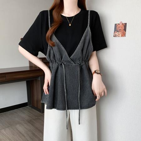 夏季新款大码女韩版时尚宽松显瘦撞色牛仔拼接假两件T恤