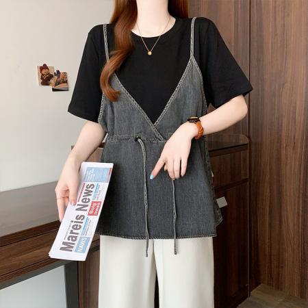 夏季新款大码女韩版时尚宽松显瘦撞色牛仔拼接假两件T恤