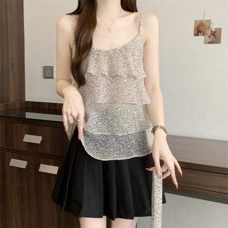 大码新款氛围设计层次感豹纹飘带搭配休闲吊带背心