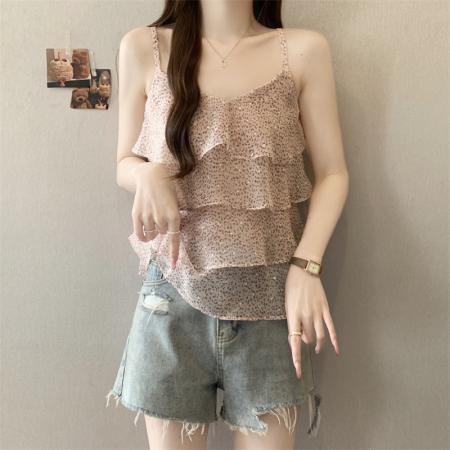 大码新款氛围设计层次感豹纹飘带搭配休闲吊带背心