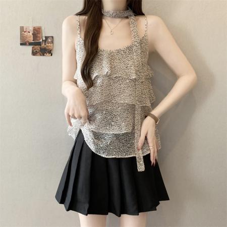 大码新款氛围设计层次感豹纹飘带搭配休闲吊带背心