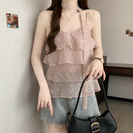 大码新款氛围设计层次感豹纹飘带搭配休闲吊带背心