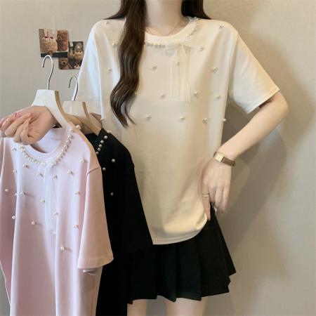 大码新款高级感重工钉珠百搭显瘦蝴蝶结短袖上衣T恤