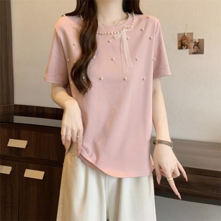 大码新款高级感重工钉珠百搭显瘦蝴蝶结短袖上衣T恤