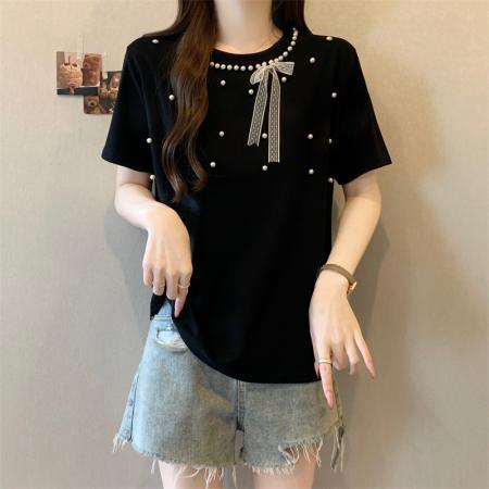 大码新款高级感重工钉珠百搭显瘦蝴蝶结短袖上衣T恤