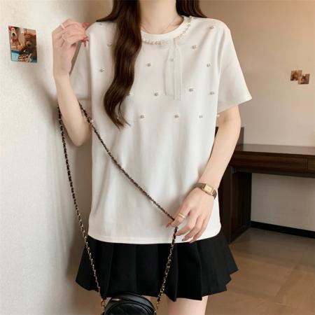 大码新款高级感重工钉珠百搭显瘦蝴蝶结短袖上衣T恤