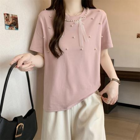 大码新款高级感重工钉珠百搭显瘦蝴蝶结短袖上衣T恤