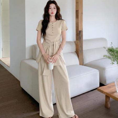 新款夏季巨好看时尚休闲收腰系带上衣套装女洋气阔腿裤两件套