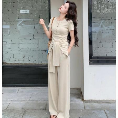 新款夏季巨好看时尚休闲收腰系带上衣套装女洋气阔腿裤两件套