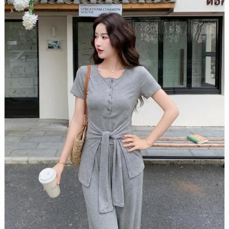 新款夏季巨好看时尚休闲收腰系带上衣套装女洋气阔腿裤两件套