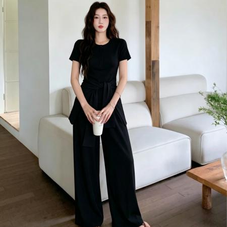 新款夏季巨好看时尚休闲收腰系带上衣套装女洋气阔腿裤两件套