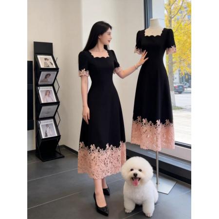 BY16835# 赫本风蕾丝拼接连衣裙女夏季高级感收腰显瘦气质减龄A字裙